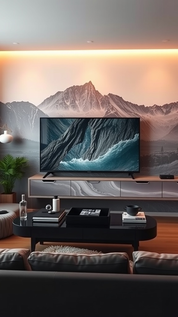 artistic wall mural behind TV
