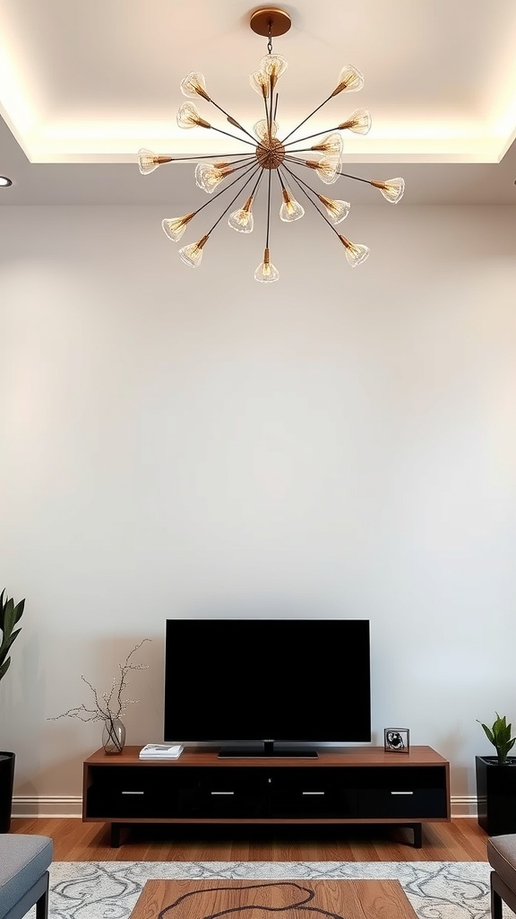 artistic chandelier above TV