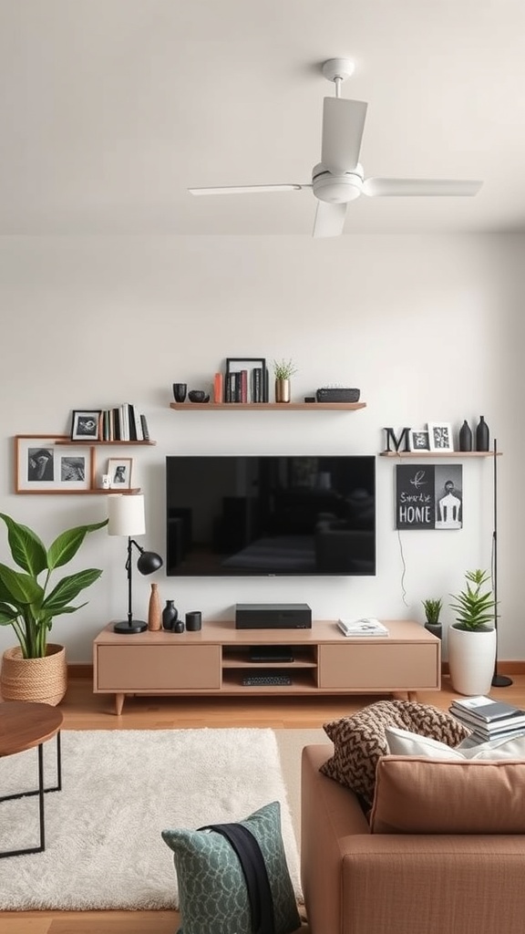 wall-mounted shelves and TV setup