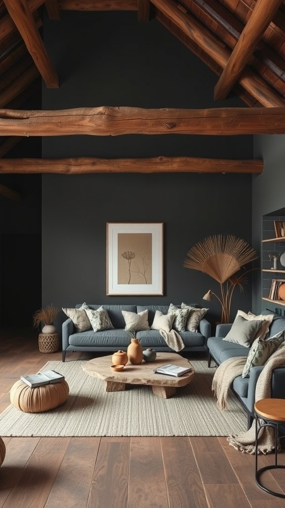 natural materials in dark boho living room