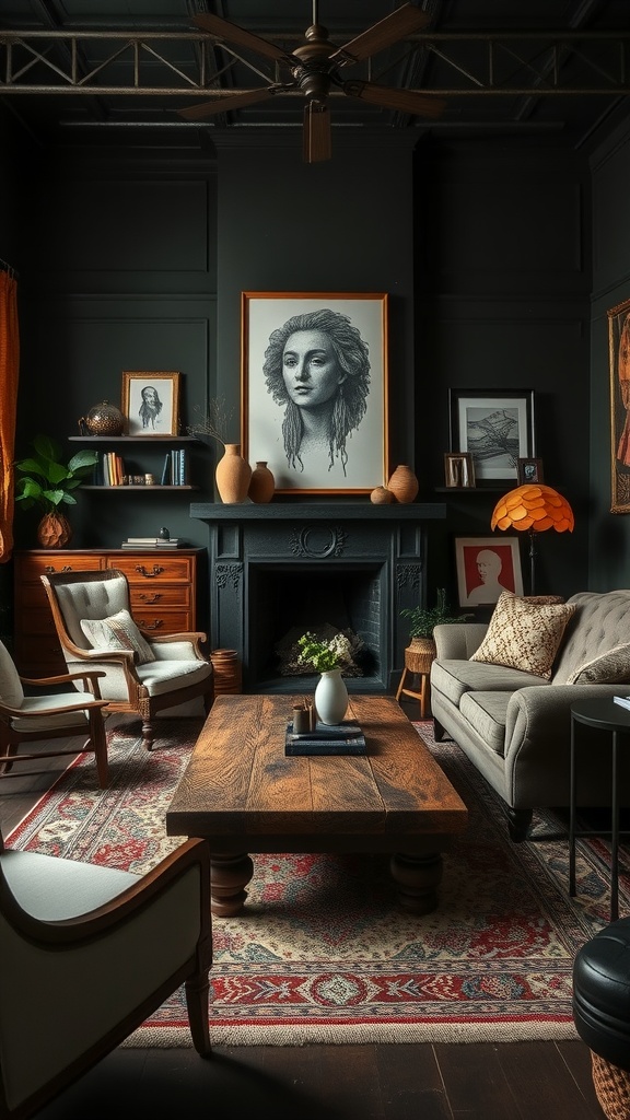 eclectic furniture in dark boho living room