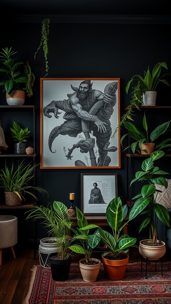 lush indoor plants in dark boho living room