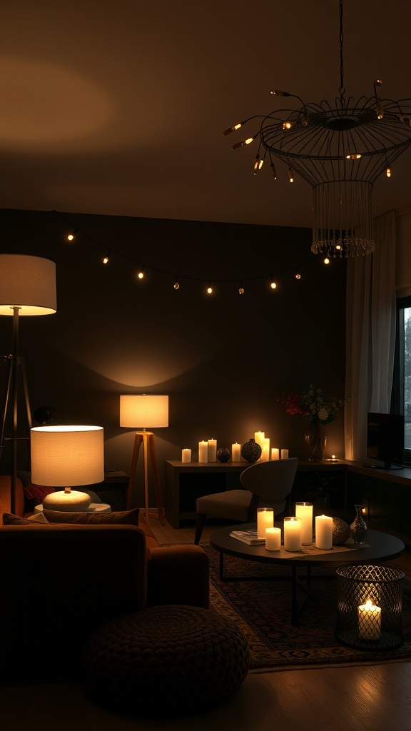 layered lighting in dark boho living room