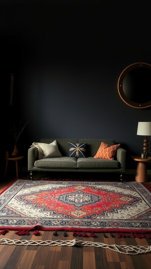 layered rugs in dark boho living room