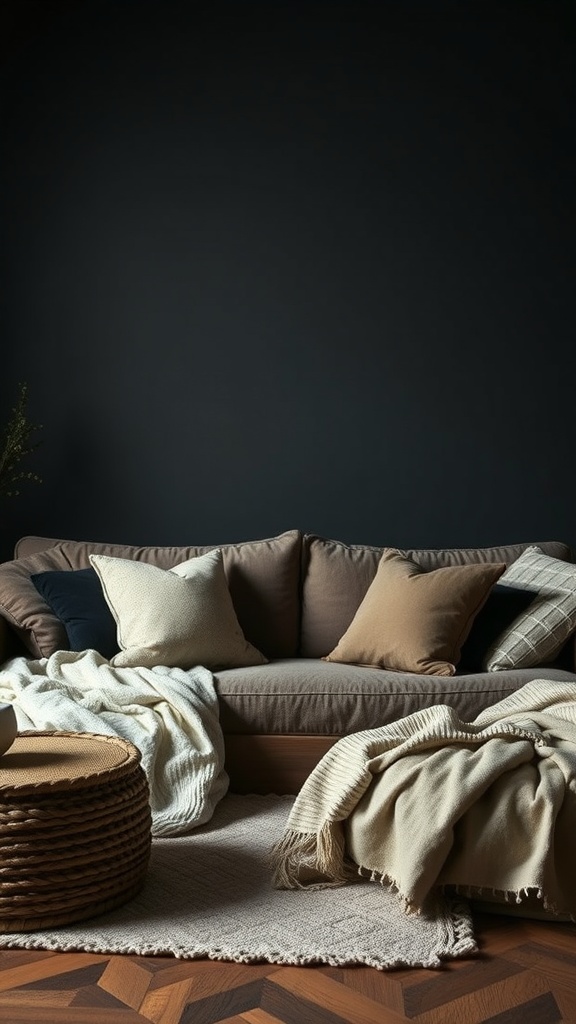 soft textiles in dark boho living room