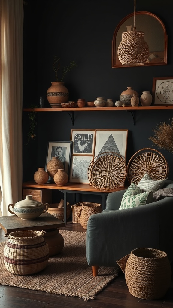 artisan decor in dark boho living room