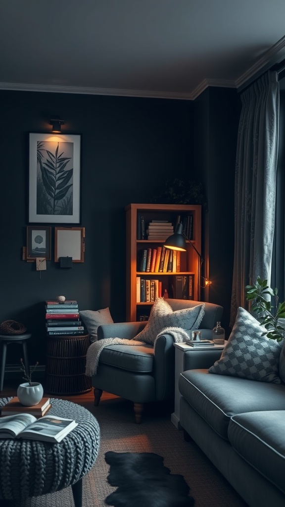 cozy reading corner in dark boho living room