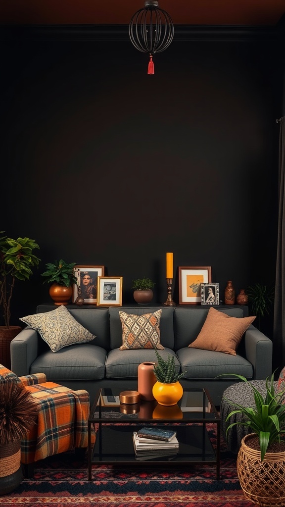 earthy color palette in dark boho living room