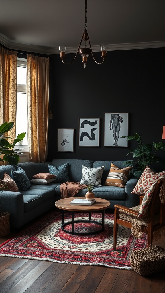 pattern mixing in dark boho living room