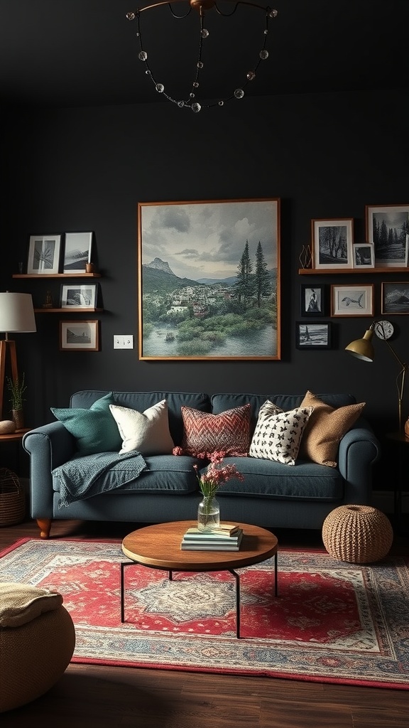 personalized decor in dark boho living room