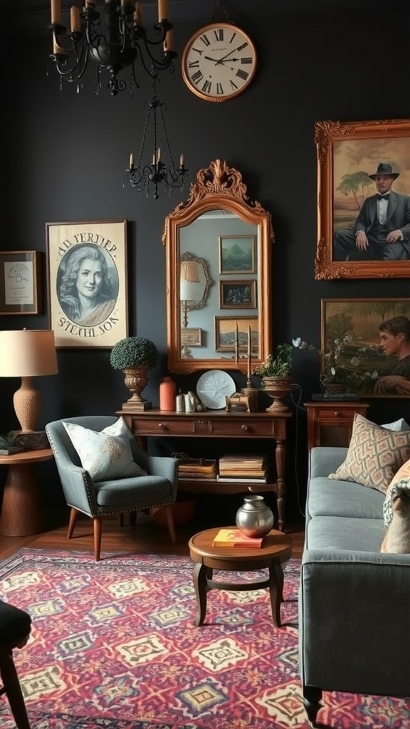 vintage elements in dark boho living room