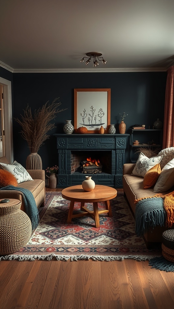 layered textures in dark boho living room