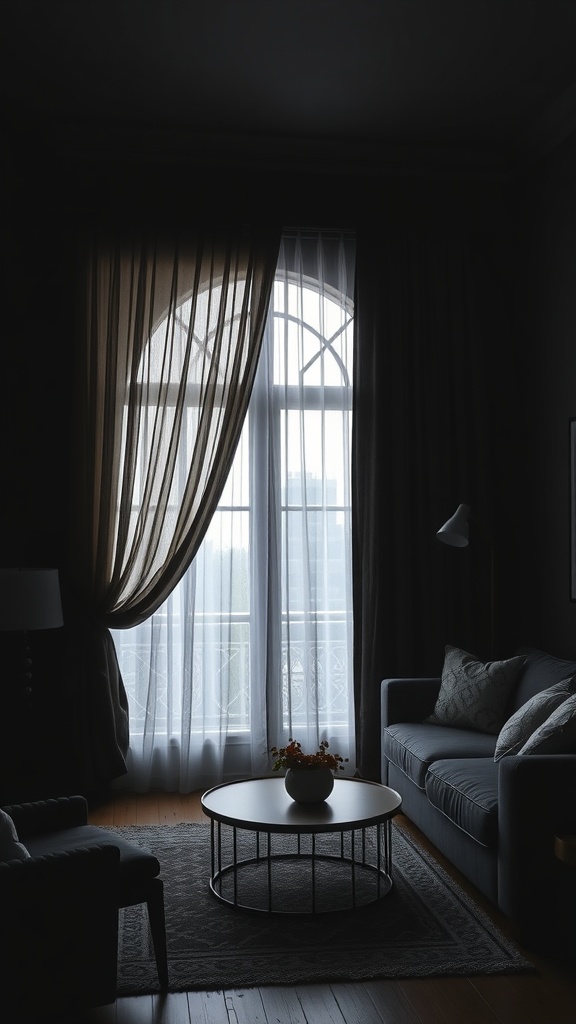 layered curtains in dark boho living room