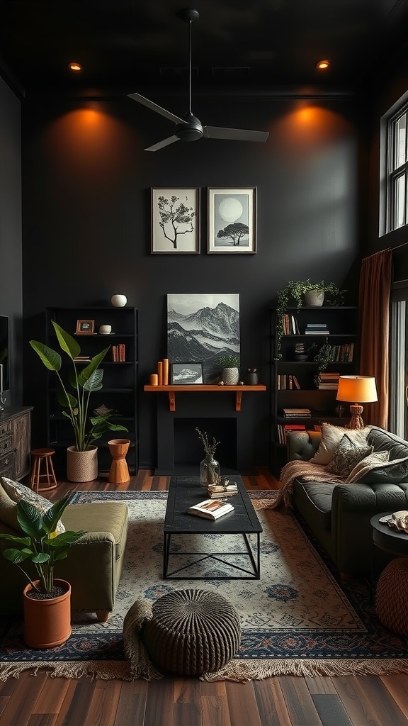 functional zones in dark boho living room
