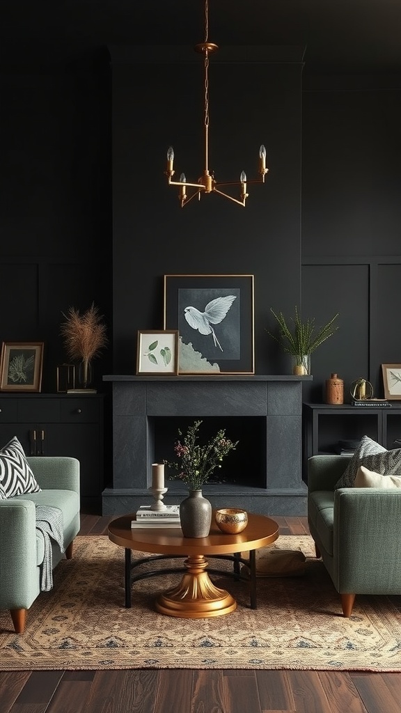 metallic accents in dark boho living room
