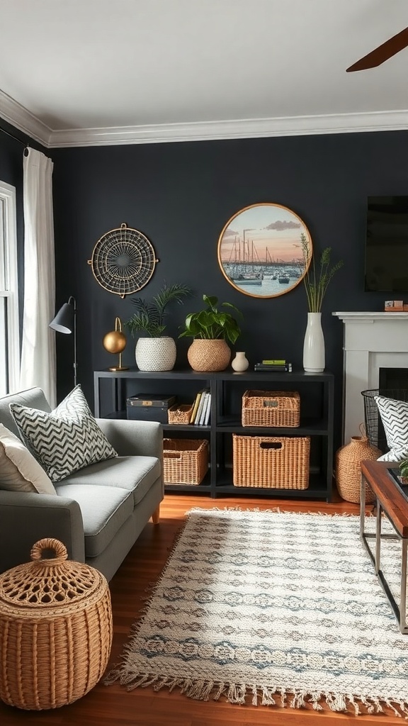 functional storage in dark boho living room