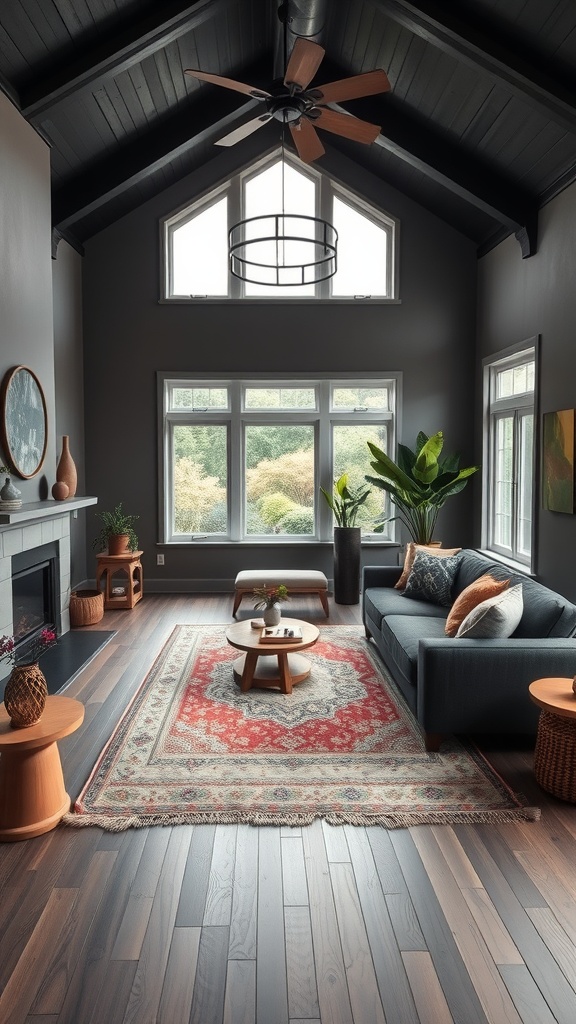 airy layout in dark boho living room
