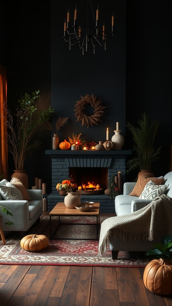 seasonal decor in dark boho living room