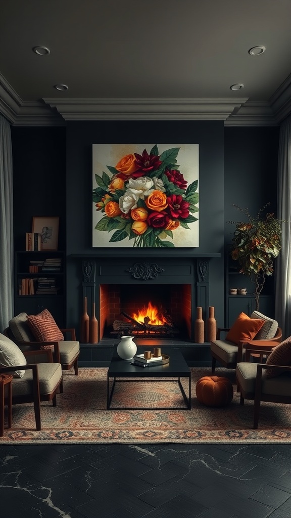 bold focal point in dark boho living room