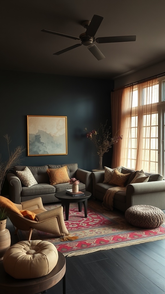 cultural influences in dark boho living room
