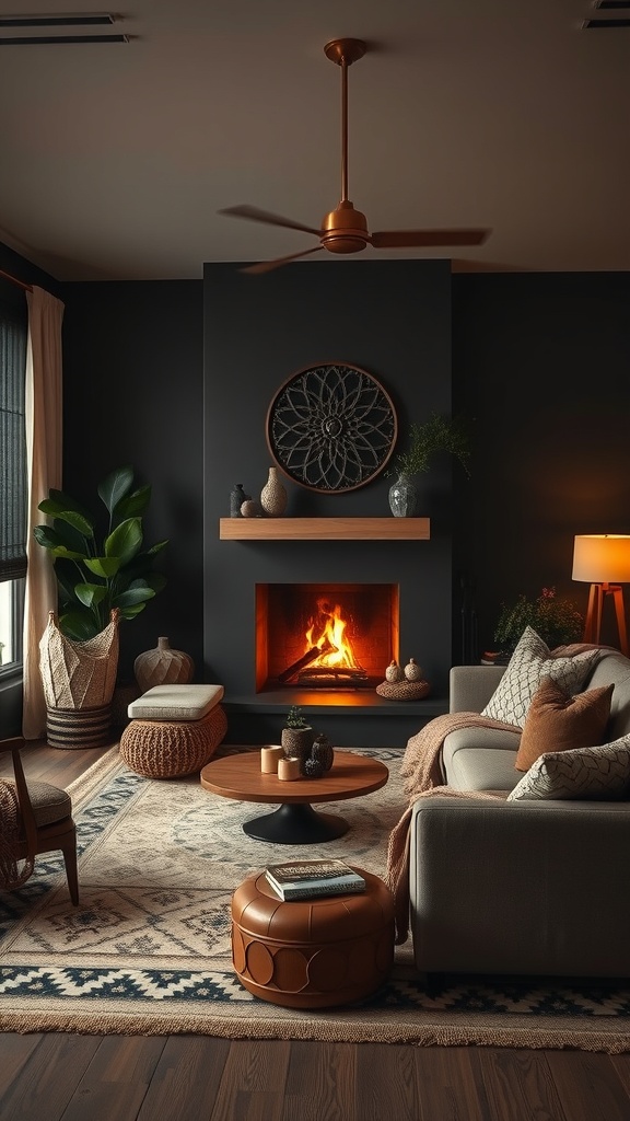 warm ambiance in dark boho living room