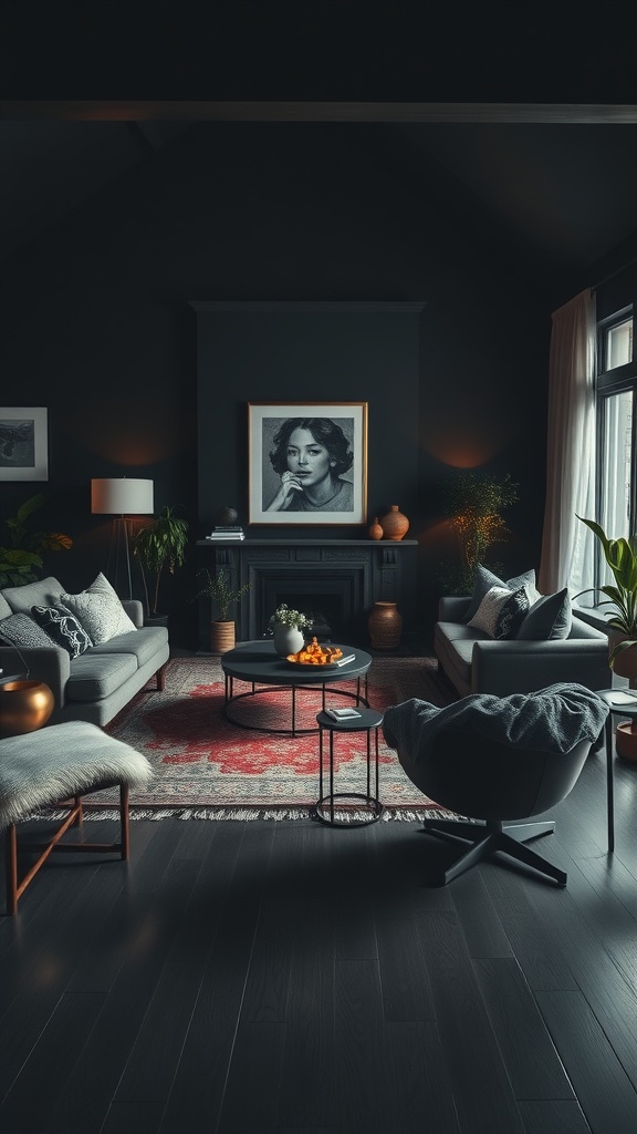 comfortable seating in dark boho living room