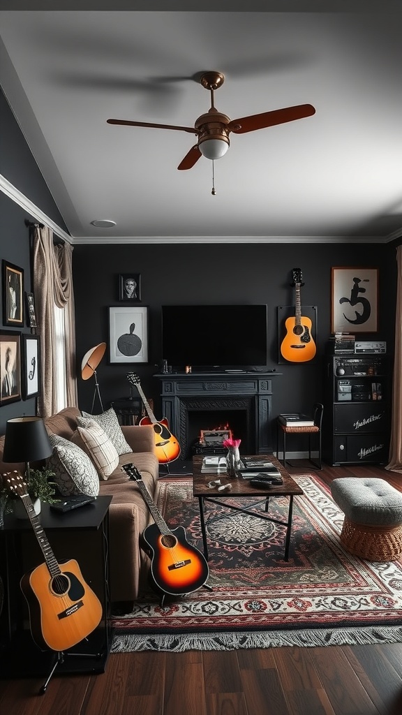 personal passions in dark boho living room
