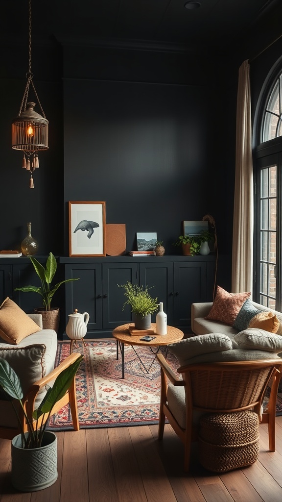 eco-friendly decor in dark boho living room
