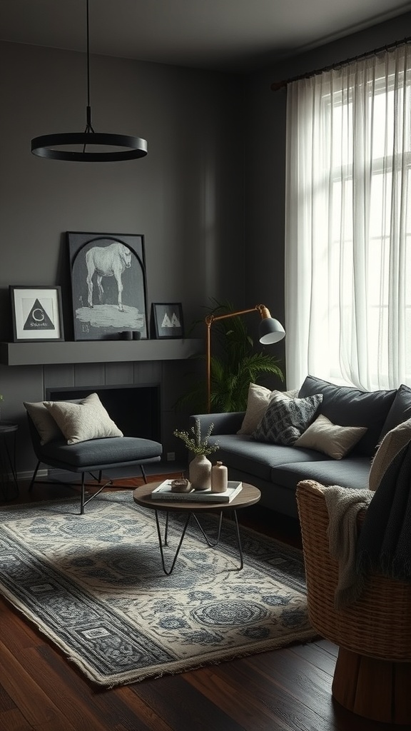 balancing dark and light in dark boho living room