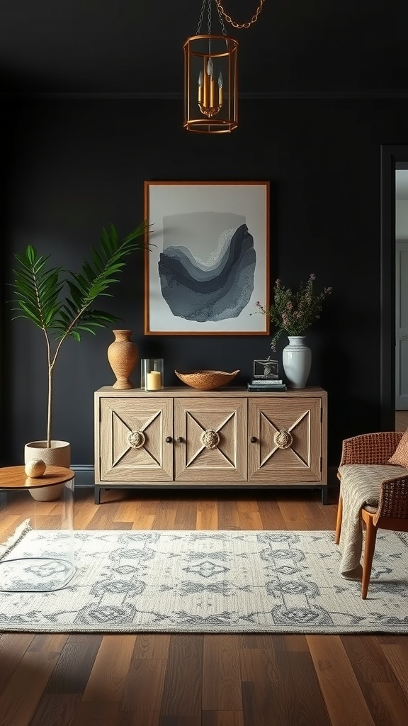 welcoming entryway in dark boho living room