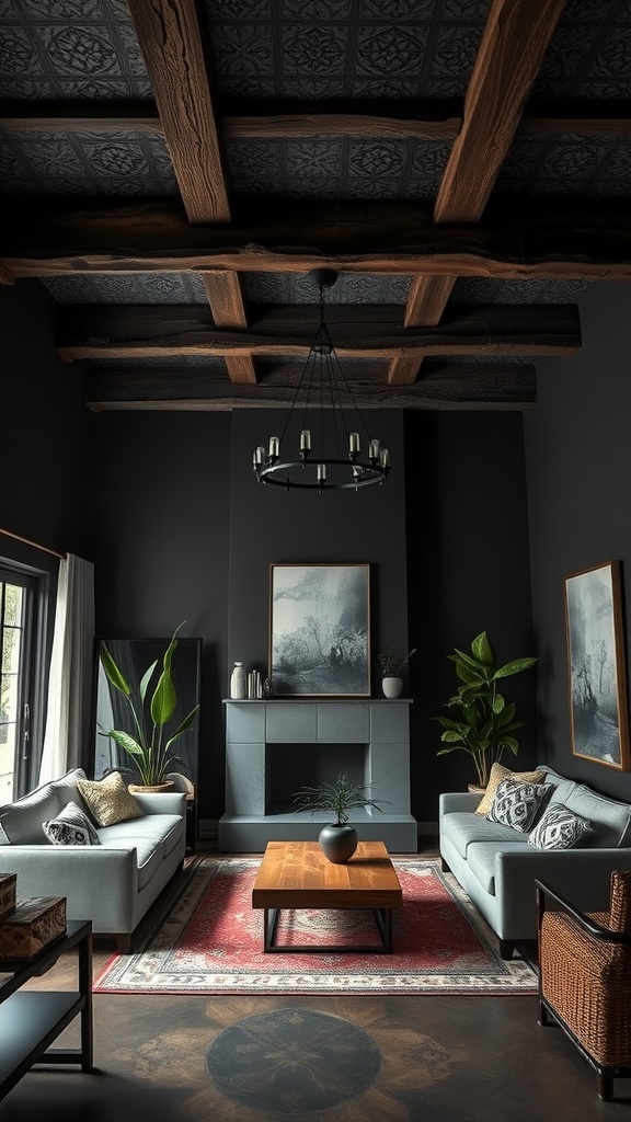 ceiling features in dark boho living room