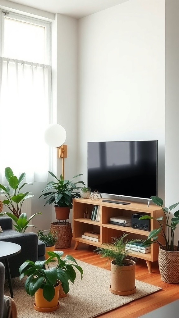 corner tv setup with plants