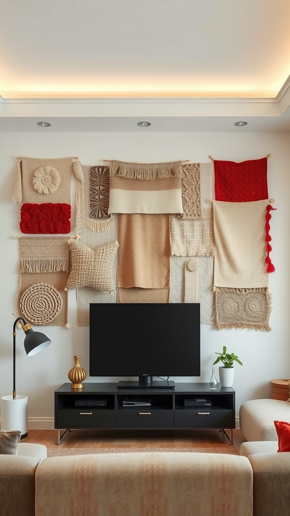 textile wall art behind tv