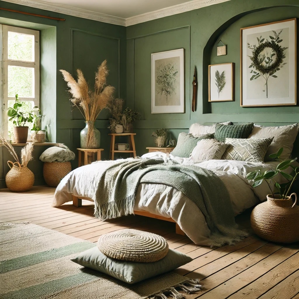 Earthy Sage Green Farmhouse Bedroom Color Idea