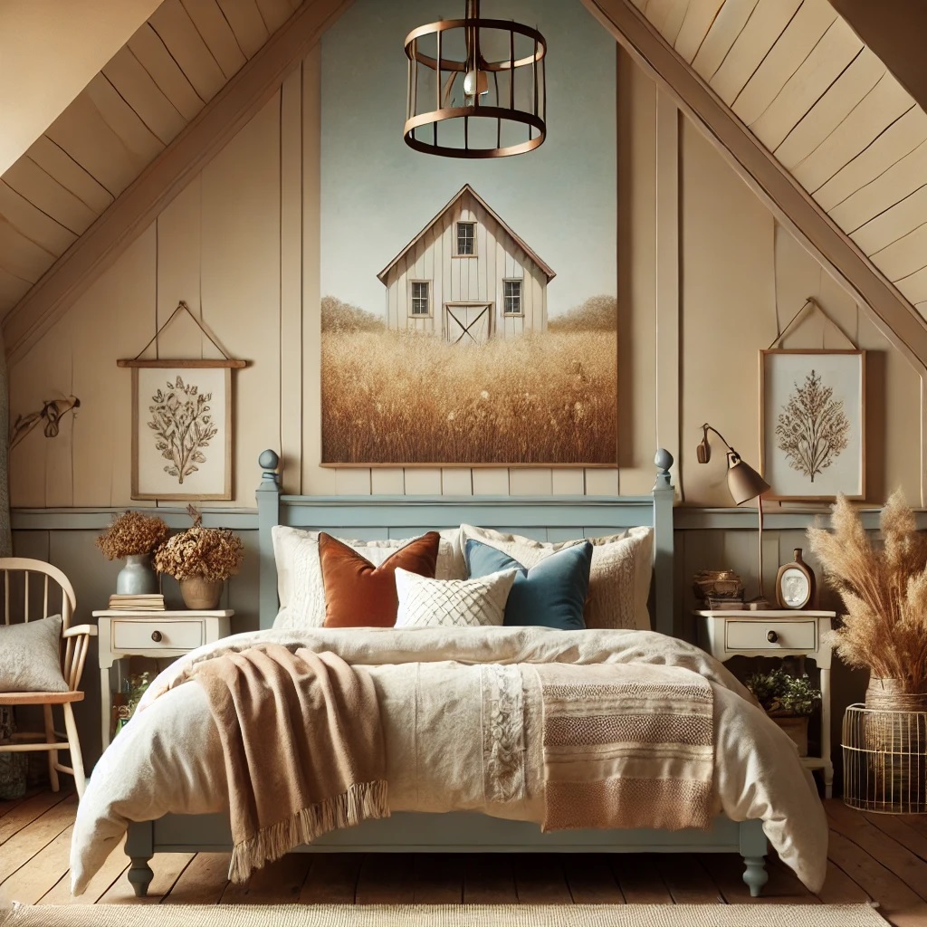 Cozy Beige Farmhouse Bedroom Color Idea