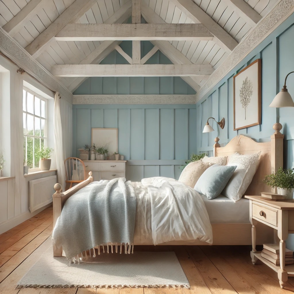Serene Light Blue Farmhouse Bedroom Color Idea