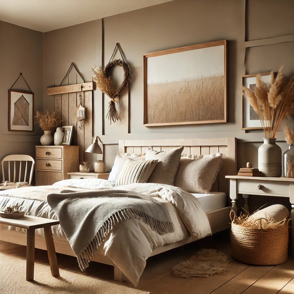 Gentle Taupe Farmhouse Bedroom Color Idea