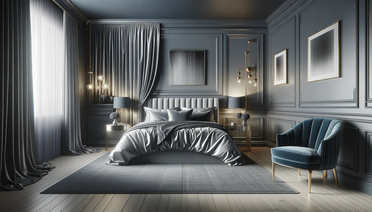 silver and midnight blue bedroom