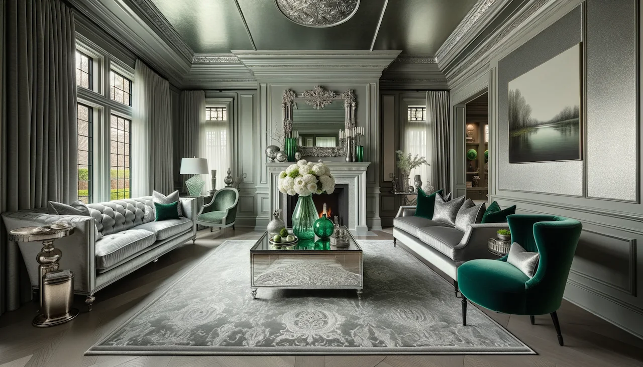 silver and emerald green living room