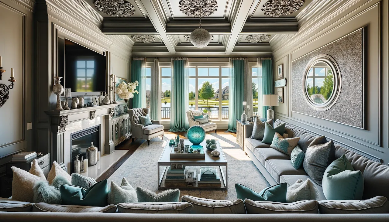 silver and teal living room