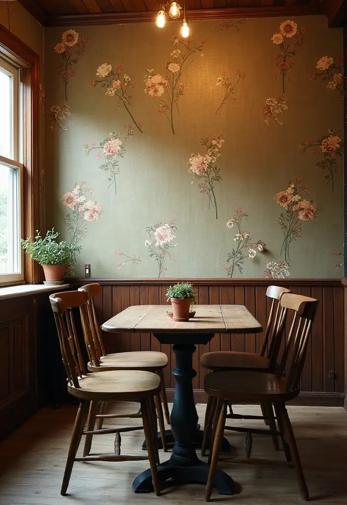 Vintage Dining Room with Floral Wallpaper