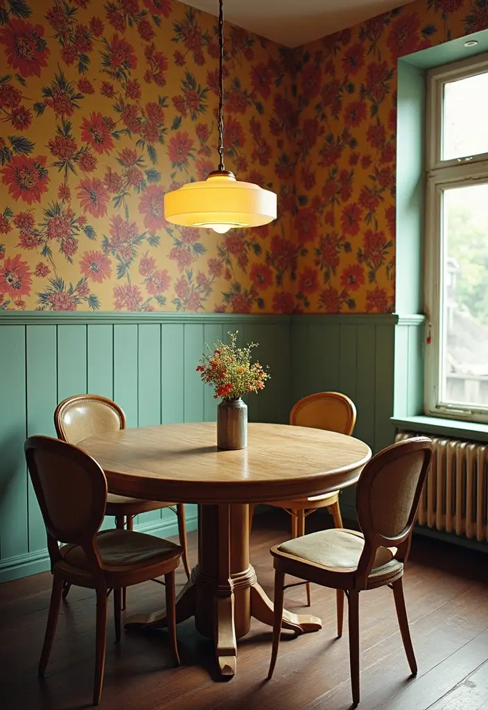 Vintage Dining Room with Colorful Backsplash