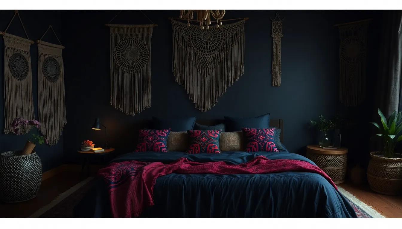 Textile Layering for Dark Boho Bedroom Layered Textiles in Dark Boho Bedroom