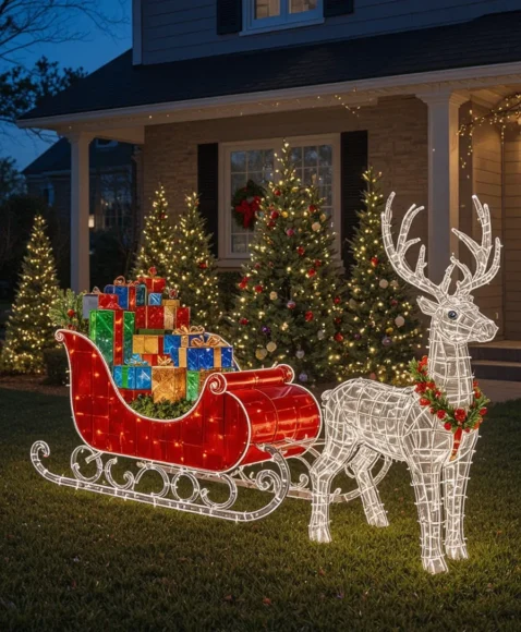 Lighted Reindeer and Sleigh