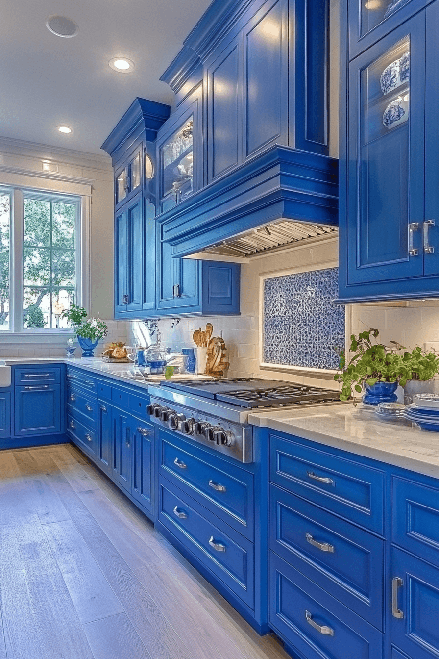 blue and white kitchen cabinets