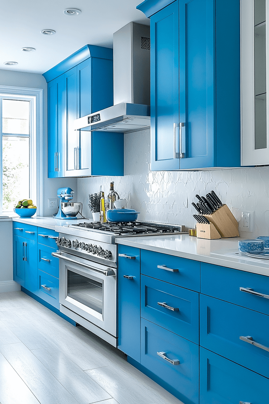 blue and white kitchen cabinets