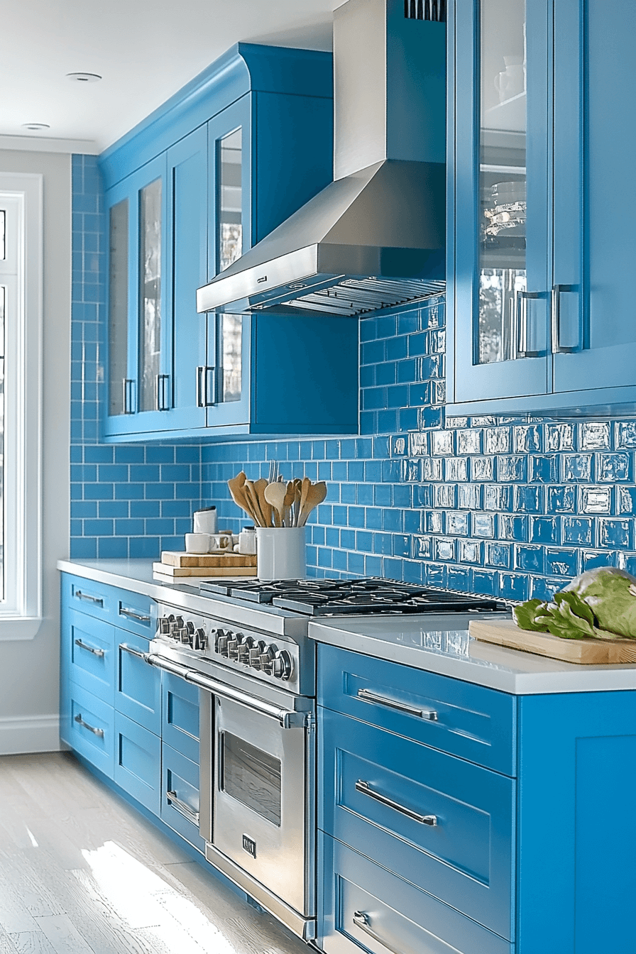 blue and white kitchen cabinets