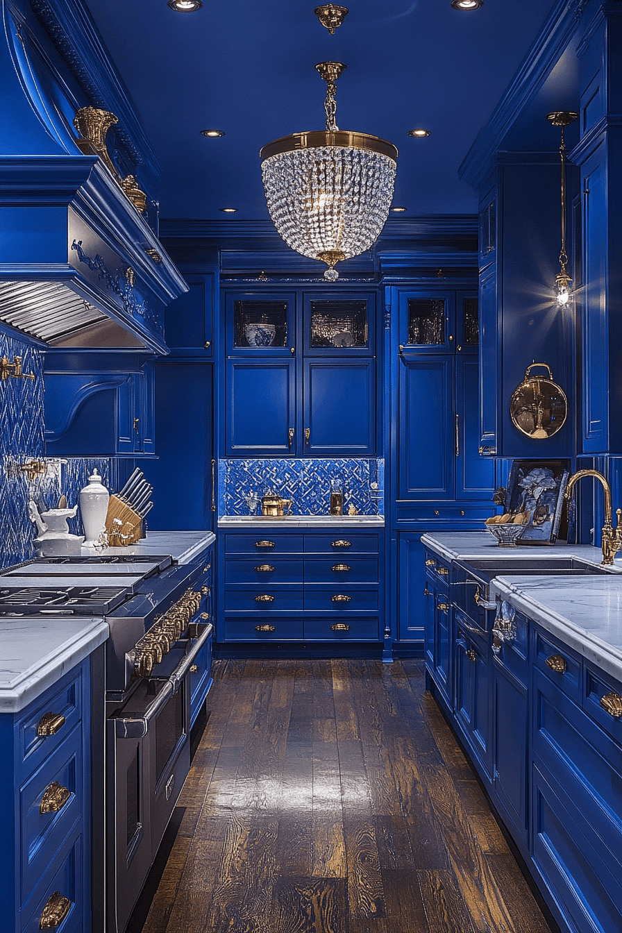 blue and white kitchen cabinets