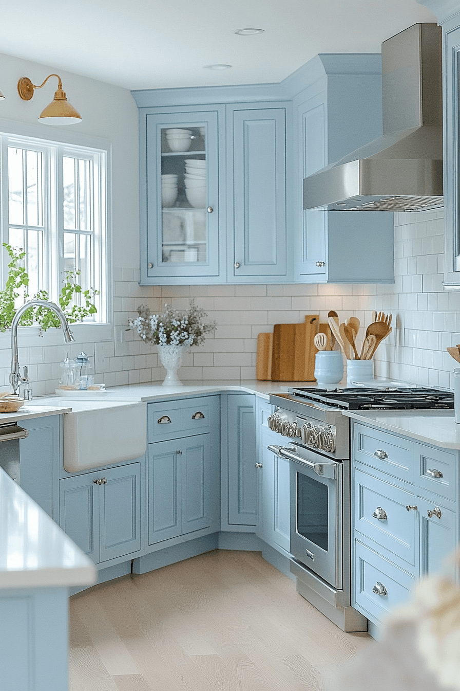 blue and white kitchen cabinets