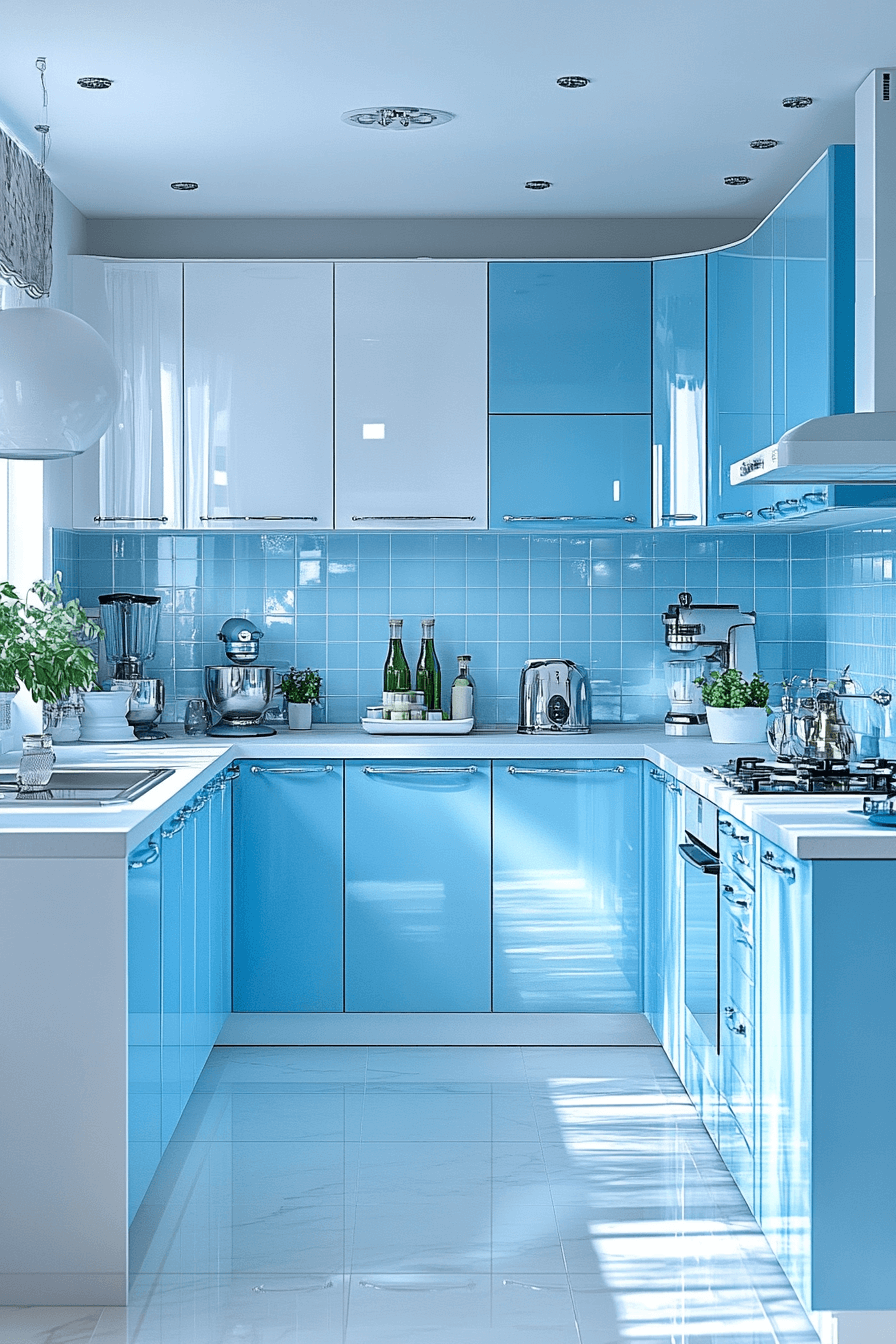 blue and white kitchen cabinets